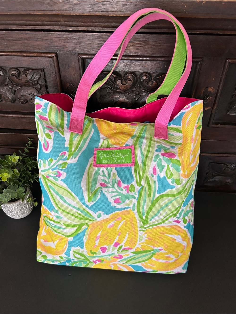 Lilly Pulitzer x Estée Lauder Floral Canvas Tote in Pink & Blue